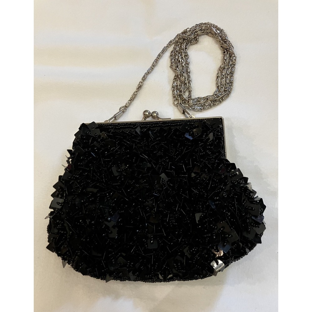 Vintage Bijoux Terner Black Beaded & Sequin Bag Kiss Lock Chain Strap Evening